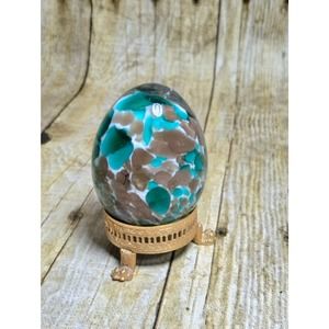 Vtg Glass Egg Paper Weight Teal & Brown Gold Flakes on Gold Stand (b9)